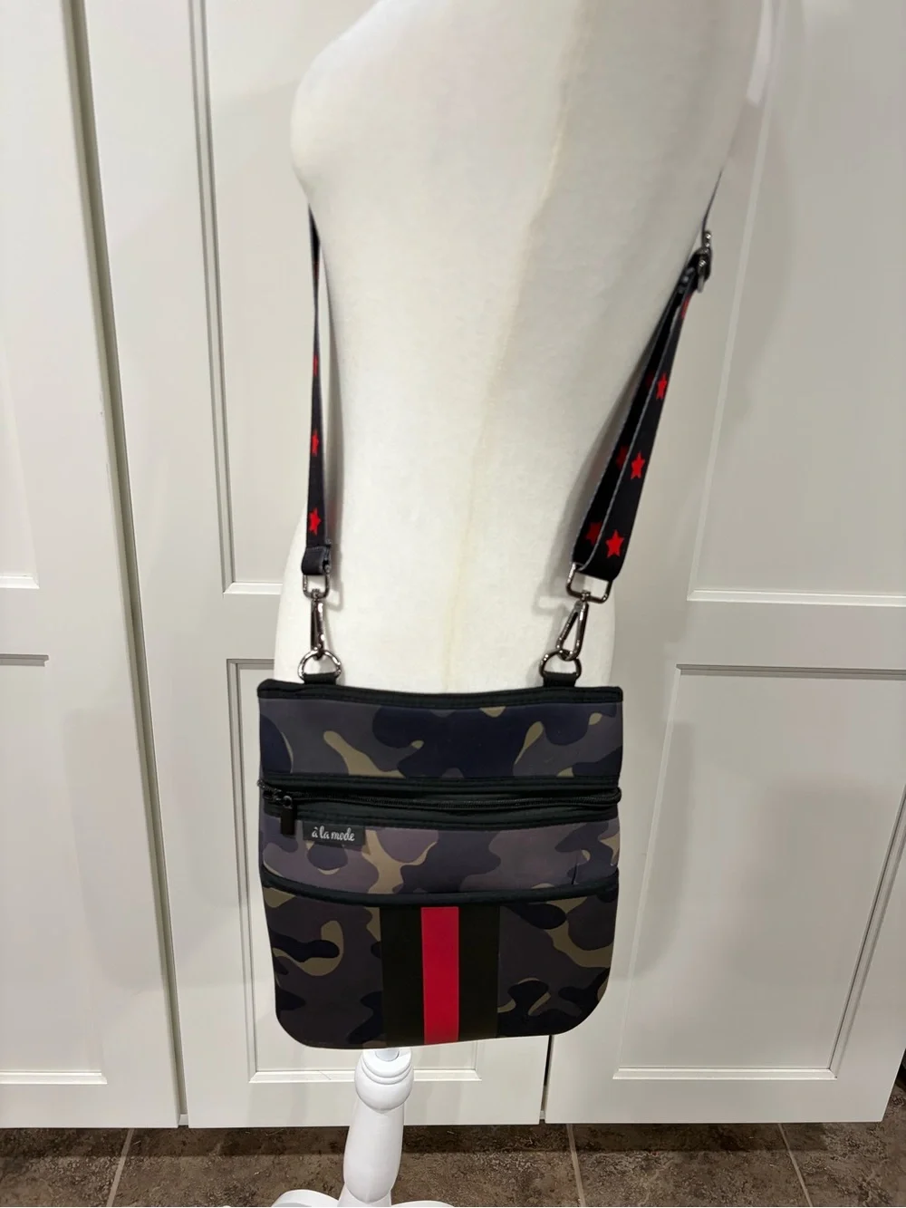 Women's Camo Crossbody Bag with Red Stripe